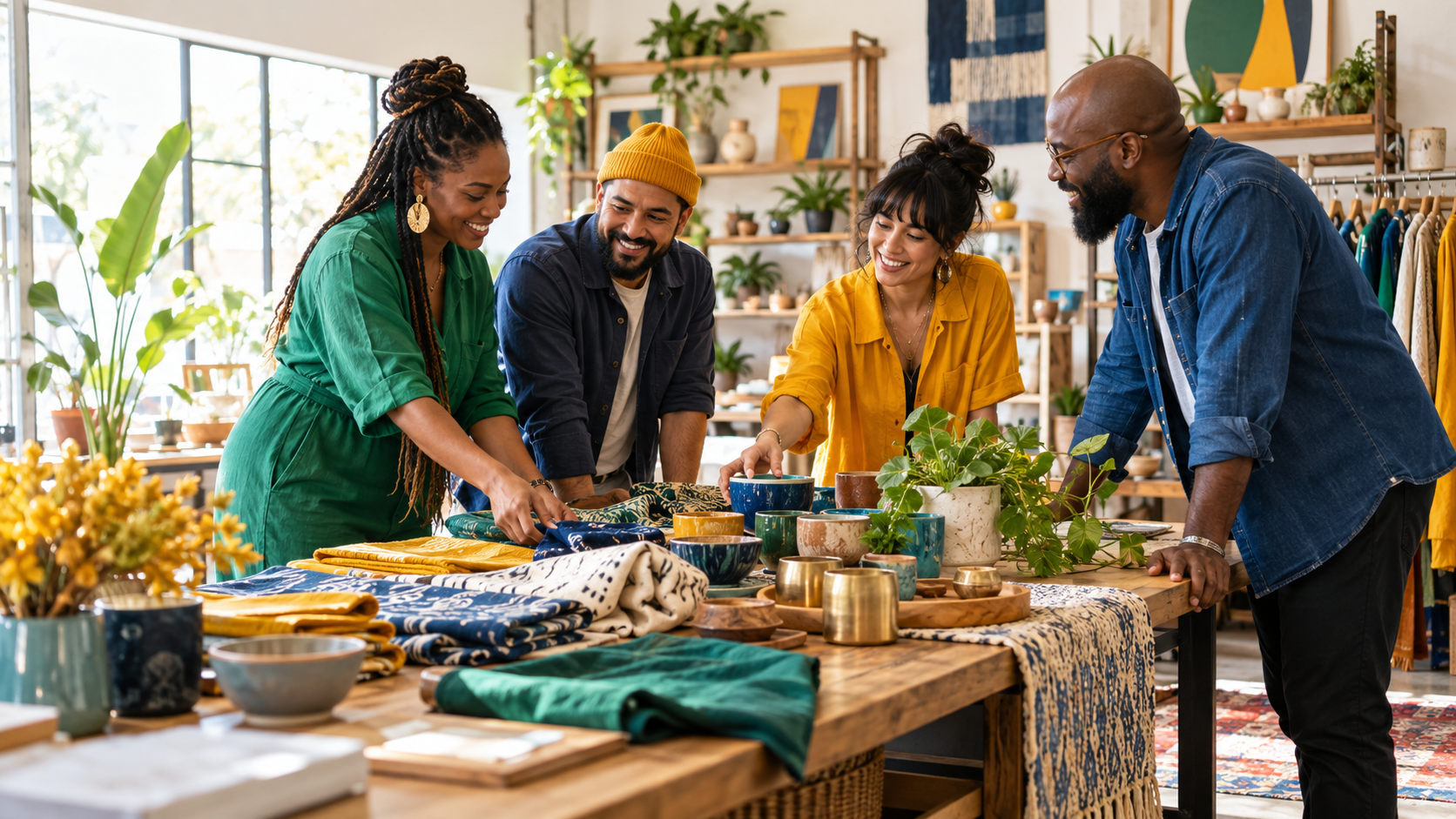 Small business owners working together in a colorful creative studio