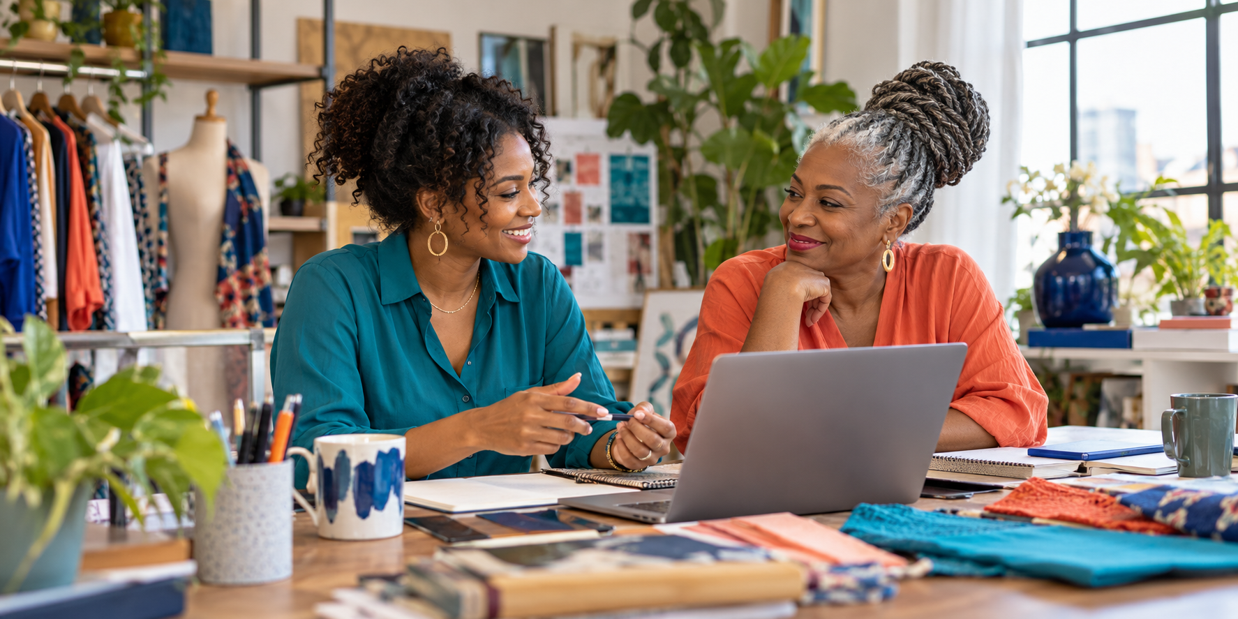 Two generations of entrepreneurs planning together in a colorful studio